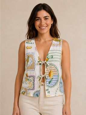 Sleeveless Tie-Front Lemon Print Linen Blend Top